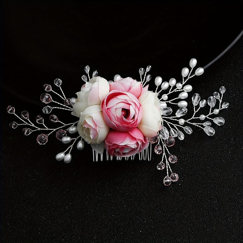 Flower Bridal Jewelry Hair Comb Faux Pearl Crystal Insert Comb