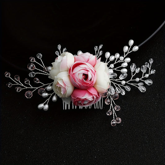 Flower Bridal Jewelry Hair Comb Faux Pearl Crystal Insert Comb