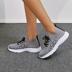 Women's Block Argyle Pattern Lace up Mesh Sneakers