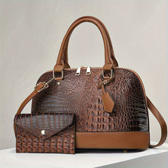 Crocodile Pattern Shell Tote Bag with Matching Mini Clutch