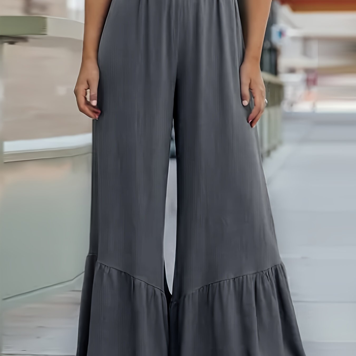  Casual Pants Women's Plus Solid Stitching Ruffle Trim Elastic High Ris