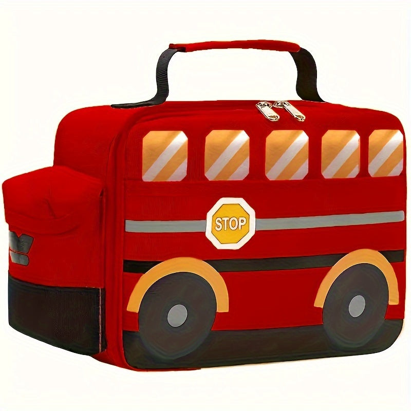 Red School Bus Insulated Lunch Bag Waterproof Polyester Tote