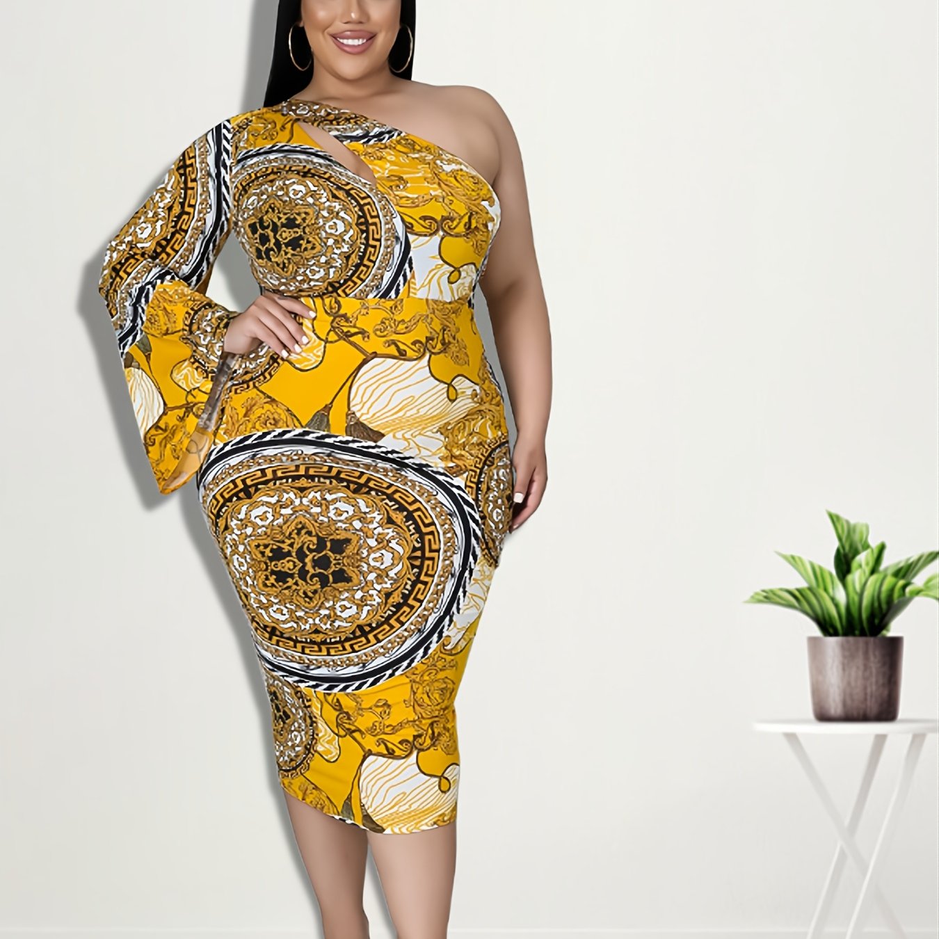 Floral Print One Shoulder Bell Sleeve Midi Dress Plus