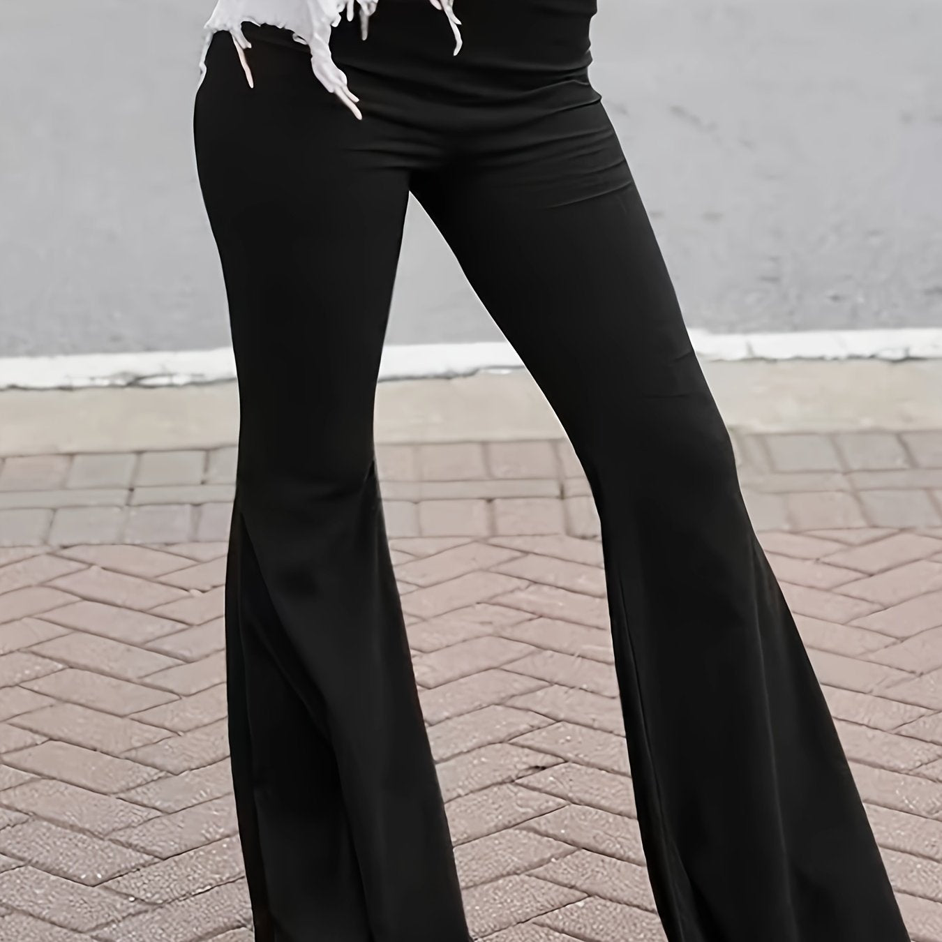  Solid High Rise Flared Leg Trousers