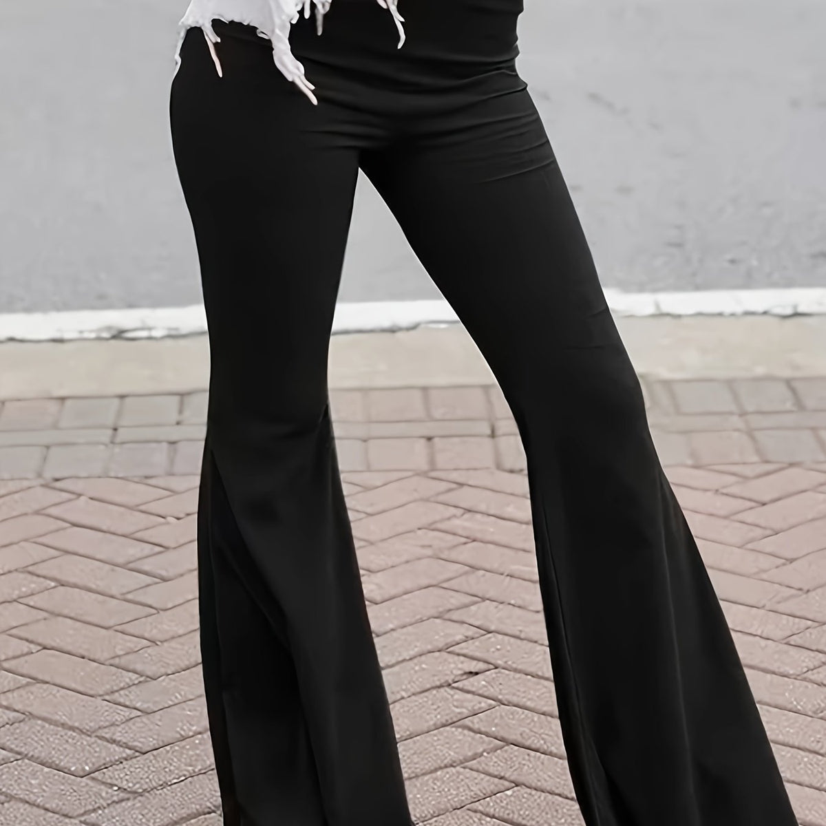  Solid High Rise Flared Leg Trousers