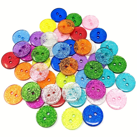 50pcs 15mm Resin Round Glitter Buttons 2 Holes Sewing Accessories DIY Crafts
