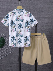 Boys Flower & Leaf Print Casual Outfit Shirt & Shorts Set