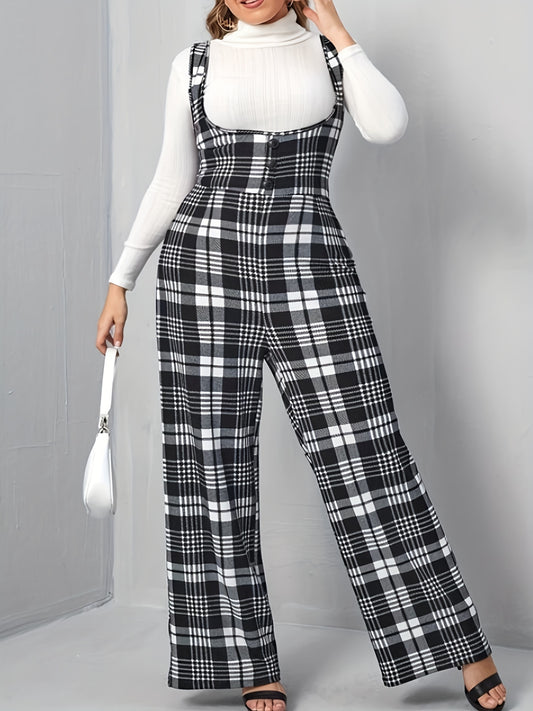 Plaid Overall Straight Leg Jumpsuit Button Decor