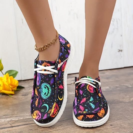 Women's Halloween Pumpkin & Bat Print Flat Canvas Loafers