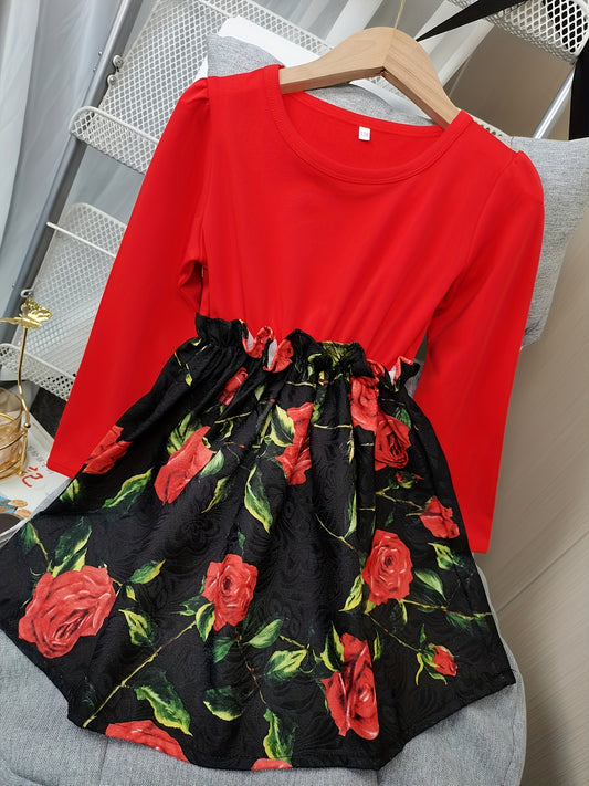 Girls Rose Print Stitching Dress for Party