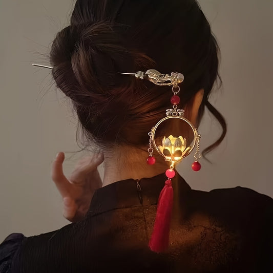 Vintage Hair Pin Twist Hair Clip Glowing Lotus Lantern Decor