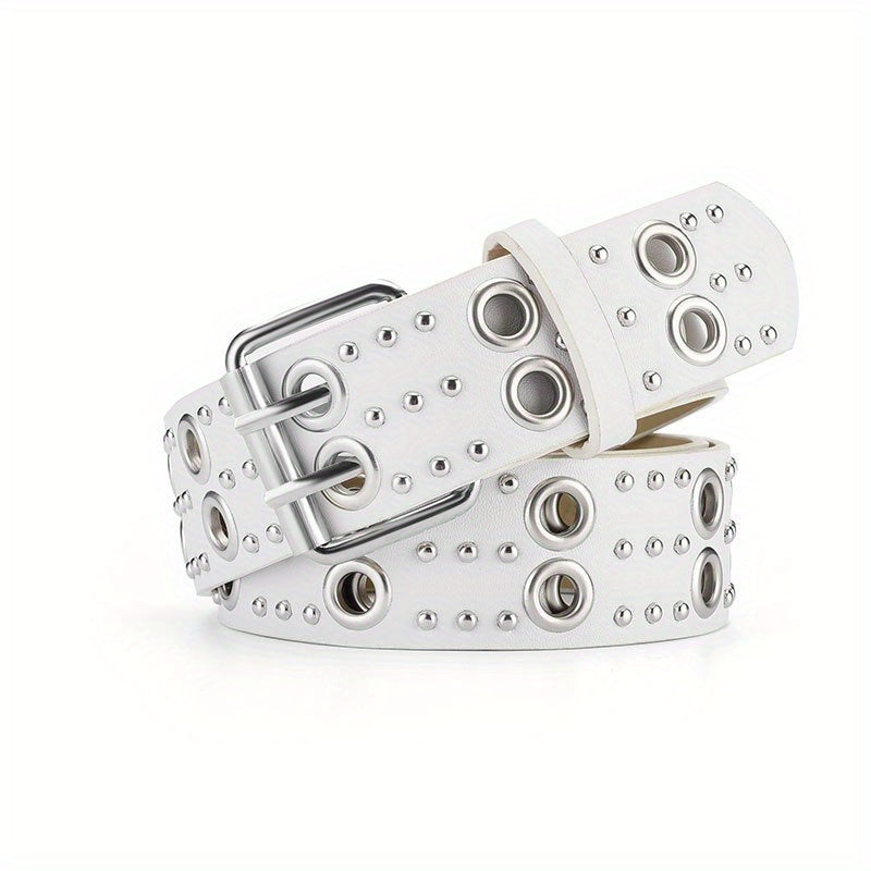 Double Pin Buckle Rivet Belt Hollow Out PU Leather Punk Jeans Pants Belt