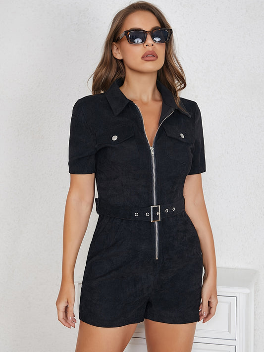 Casual Corduroy Zipper Romper Short Sleeve Jumpsuit