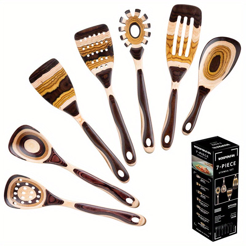 7pcs Pakkawood Kitchen Utensils Heat Resistant Spatula Spoon Frying Shovel