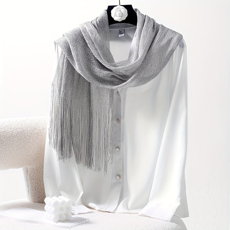 Silver Silk Feeling Shawl Elastici Scarf with Fringe