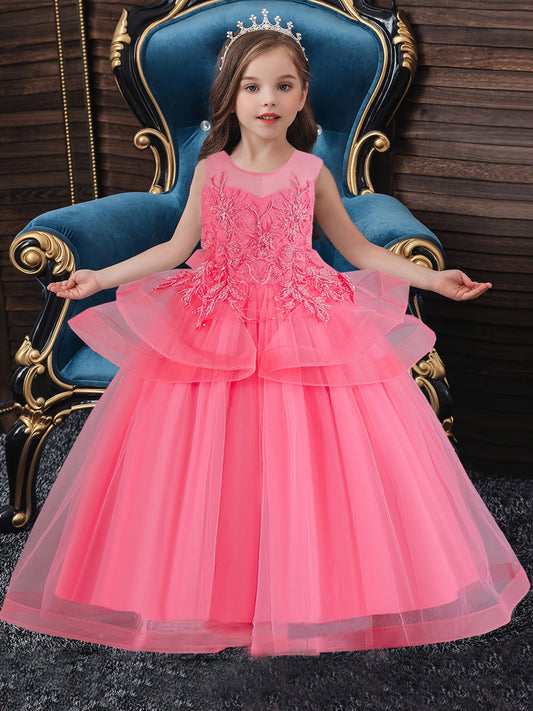 Girls Sleeveless Princess Dress Flower Embroidery Bow Decor Tulle Tutu Dress