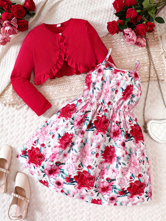 Girl's 2pcs Floral A Line Dress & Ruffle Cardigan Set Spring Autumn