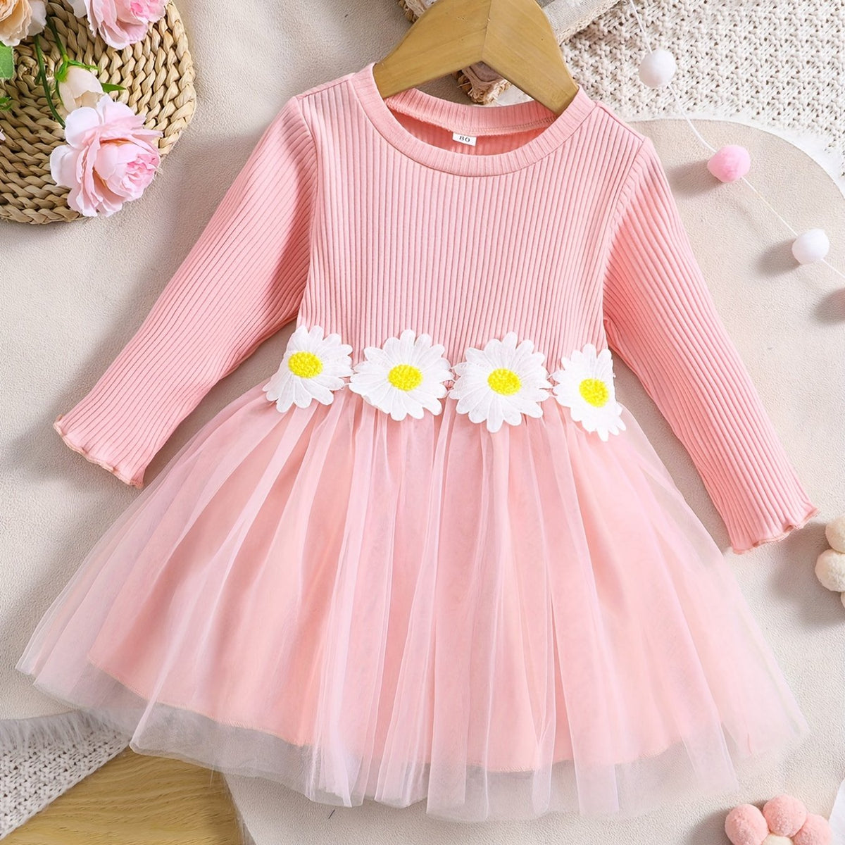 Baby Girls Mesh Dress with 3D Sunflower Decors