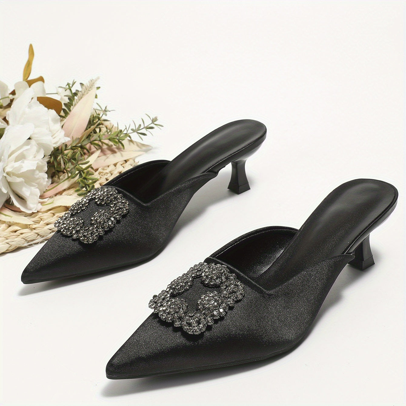 Womens Satin Kitten Heels Rhinestone Slingback