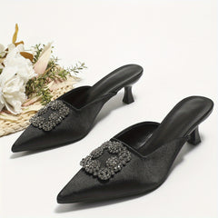 Womens Satin Kitten Heels Rhinestone Slingback