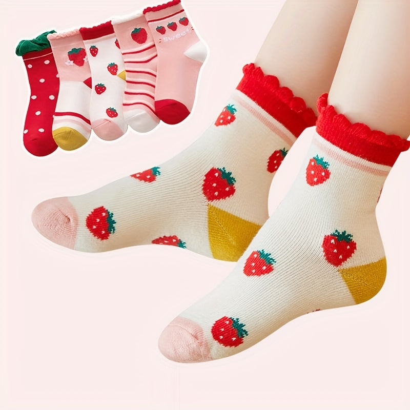 5pairs Girls Sweat Cartoon Strawberry Dot Stripe Pattern Lace Crew Socks