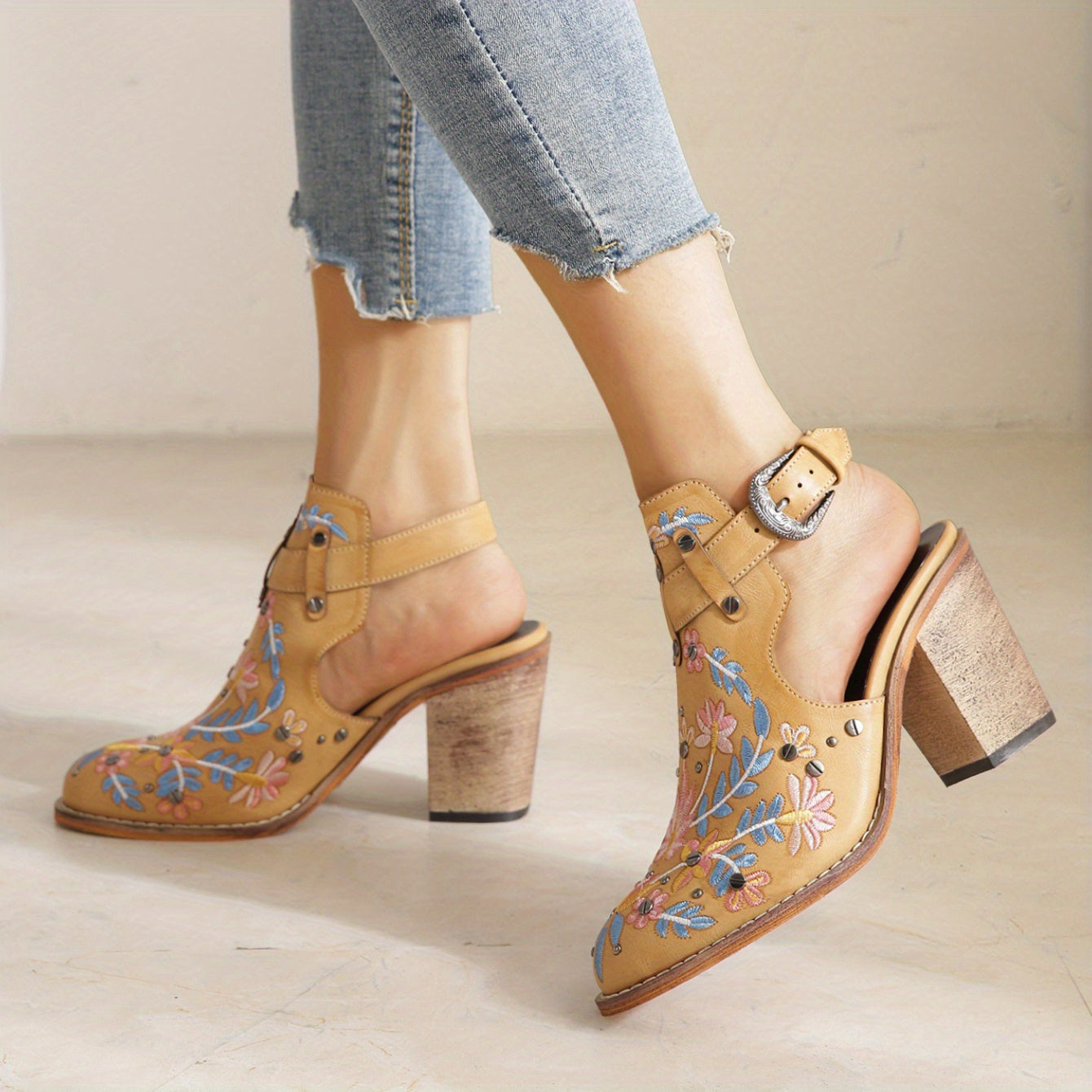 Embroidered & Studded Chunky Heeled Boots