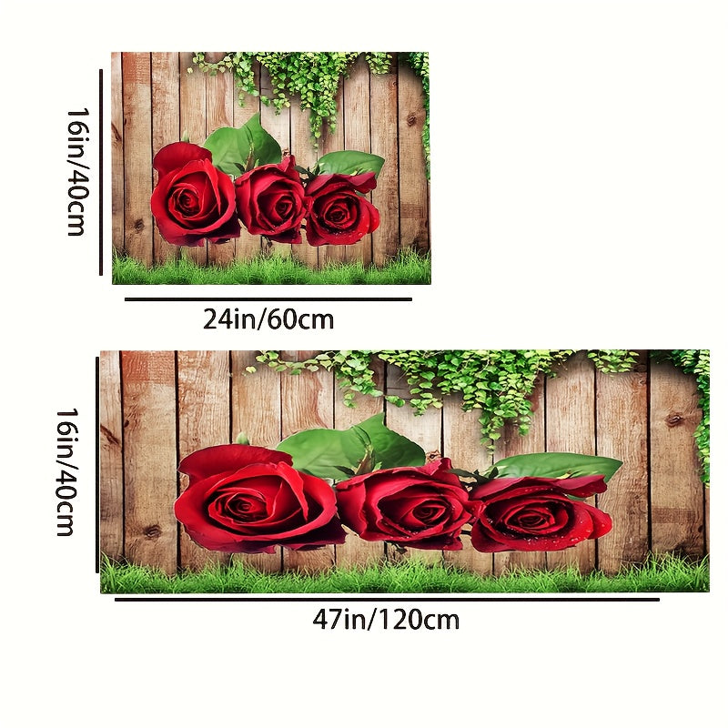 2pcs Kitchen Decor Area Rug Wooden Panel Rose Pattern Kitchen Floor Mat