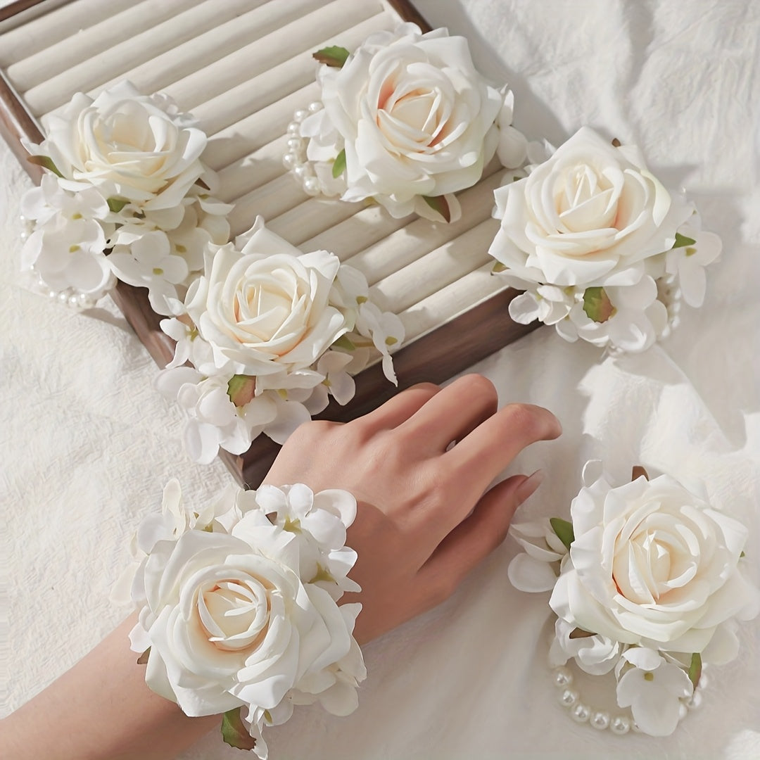6pcs Rose & Faux Wrist Corsages for Bridal Party