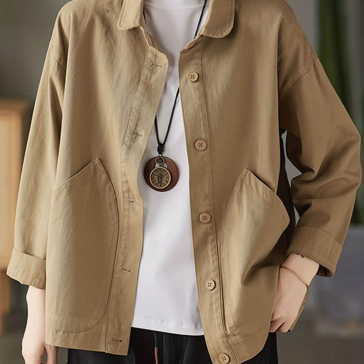 Button Front Collar Jacket Solid Outerwear Women's Clothing