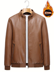 Men's Retro Biker Jacket Stand Collar Zip Up Warm Coat