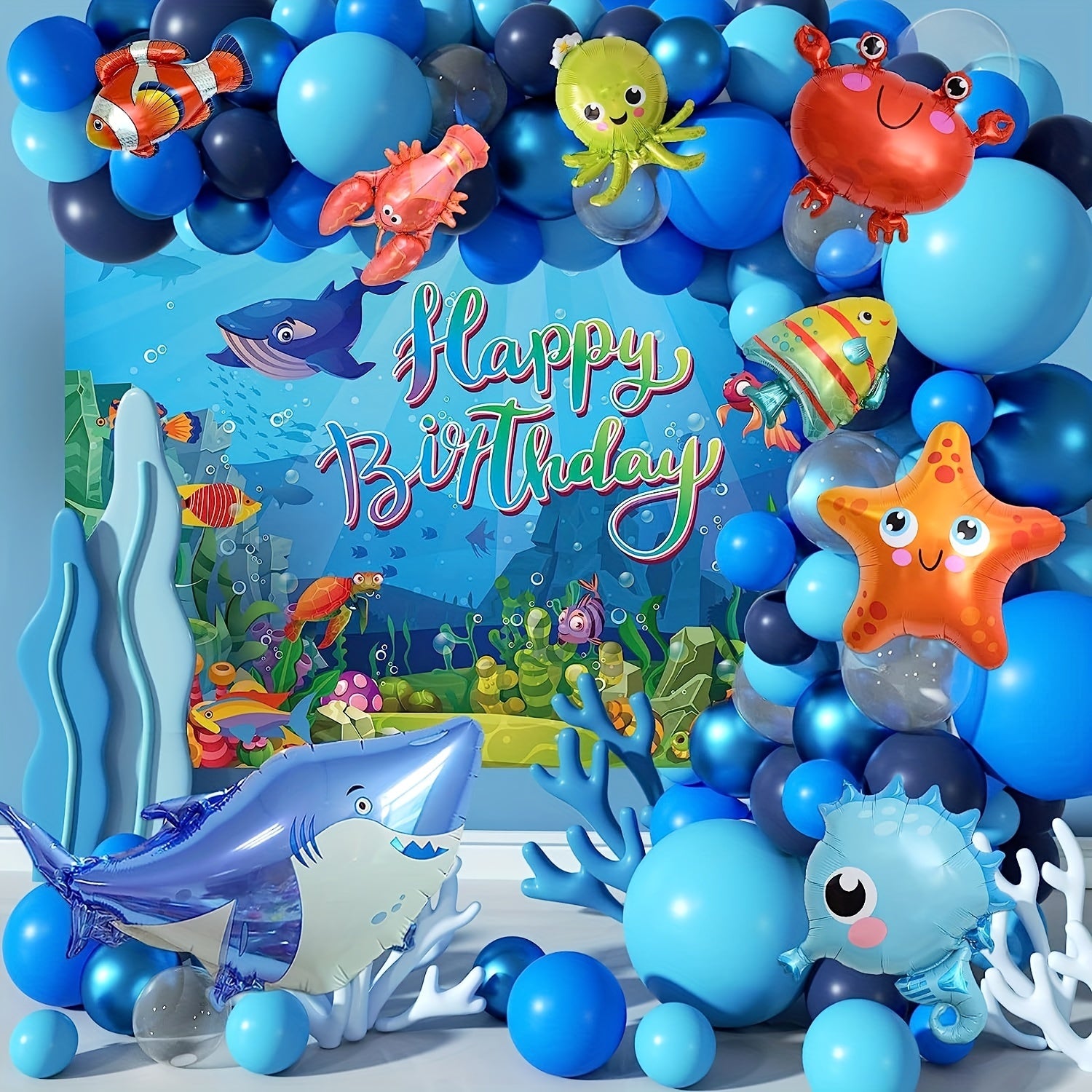 111pcs Underwater World Ocean Theme Birthday Balloon Chain Flower Ring Arch Set