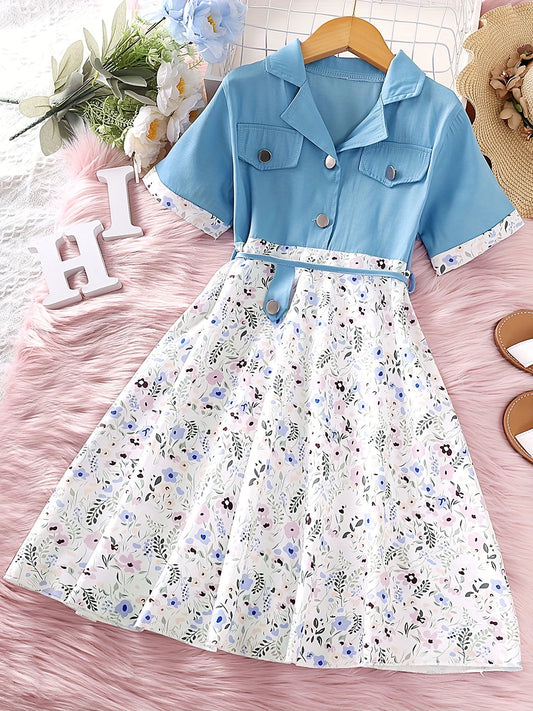 Girls Short Sleeve Floral Button Front Dress Kids Summer Clothes