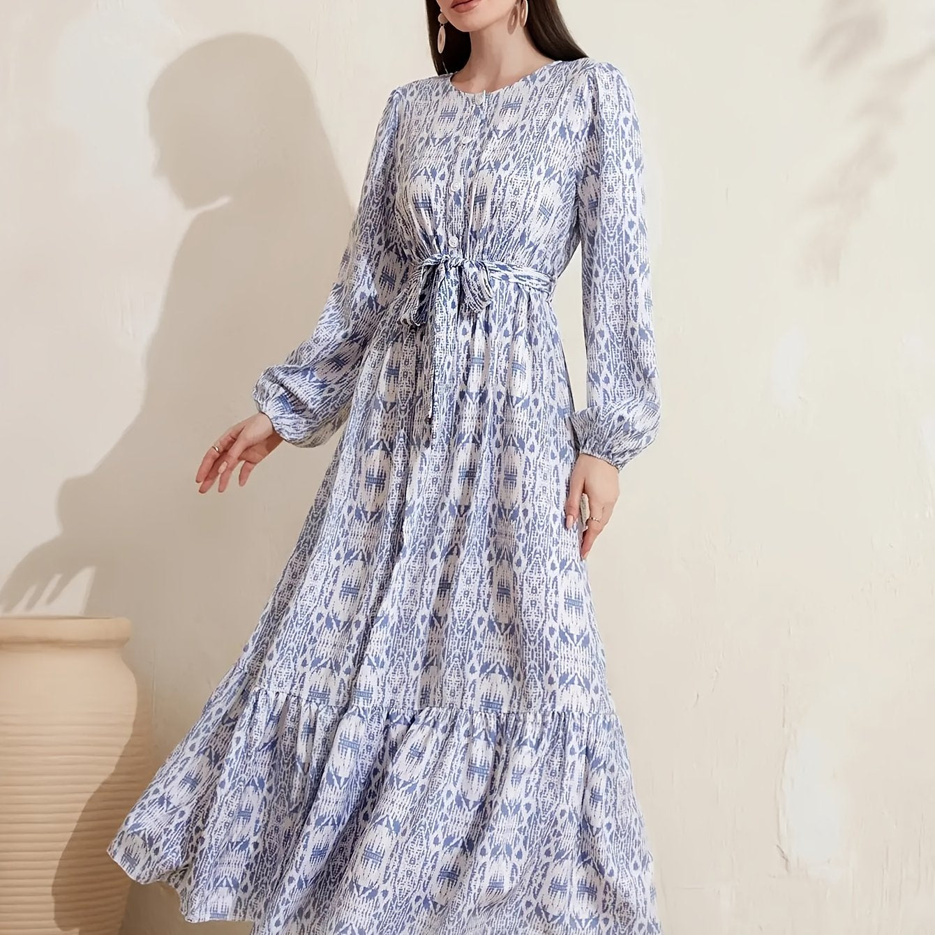 Women's Plus Geometric Print Lantern Sleeve Maxi Dress With Belt