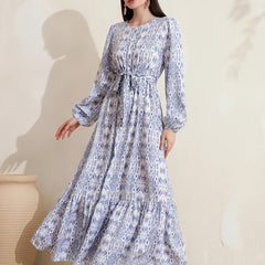 Women's Plus Geometric Print Lantern Sleeve Maxi Dress With Belt
