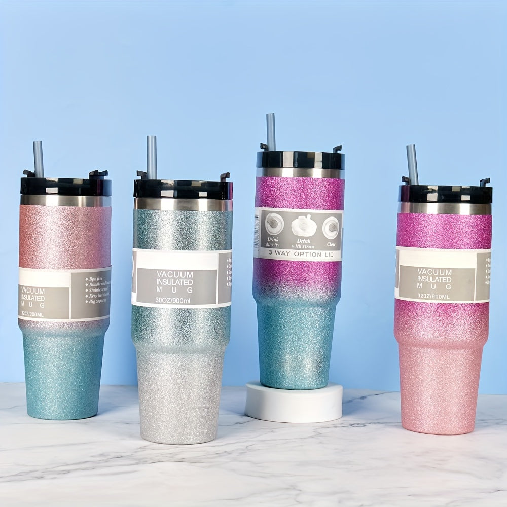 30oz Gradient Stainless Steel Thermal Cup Double Straw Personality Car Handy Cup