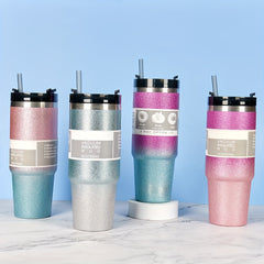 30oz Gradient Stainless Steel Thermal Cup Double Straw Personality Car Handy Cup