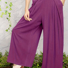  Solid Wide Leg Loose Trousers With Pockets
