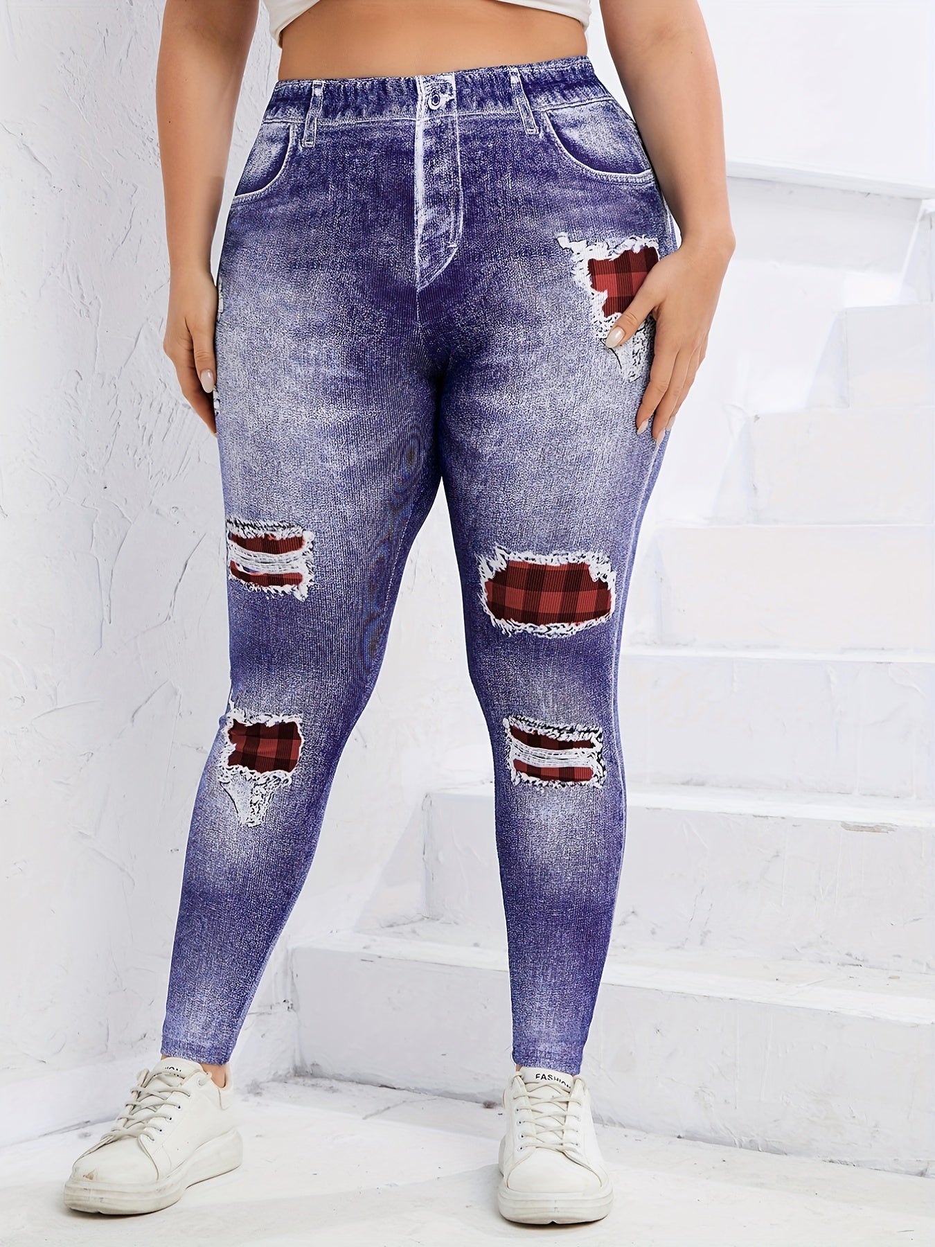  Denim Print Ripped High Waist Leggings Women's Casual