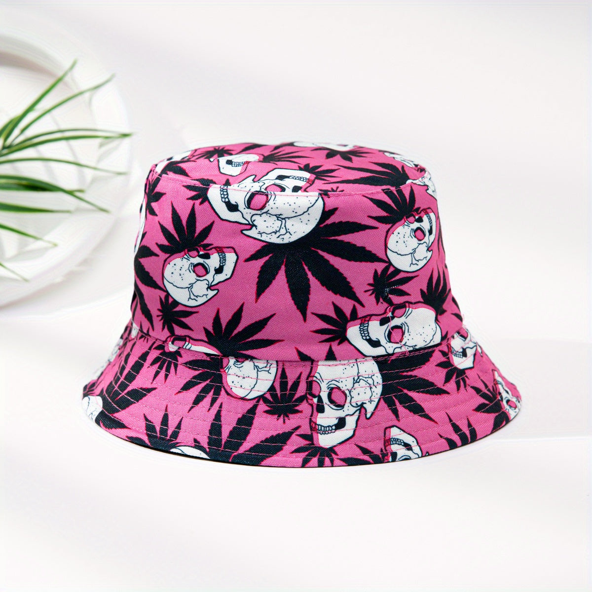 Skull Leaf Print Reversible Bucket Hat Lightweight Unisex Fisherman Cap