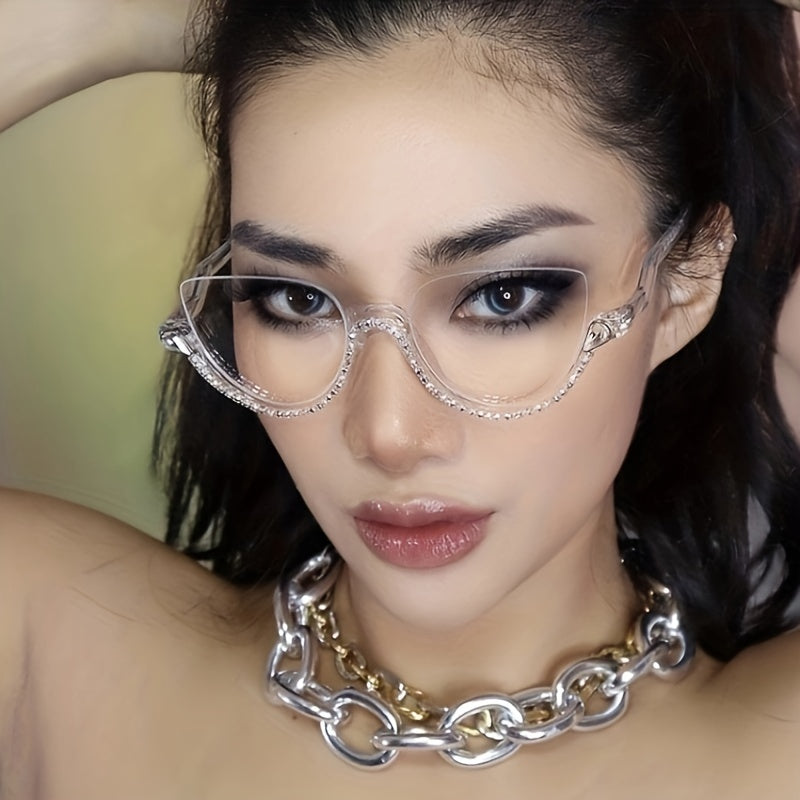 Semi Rimless Cat Eye Glasses Rhinestone Decor Clear Lens Stylish