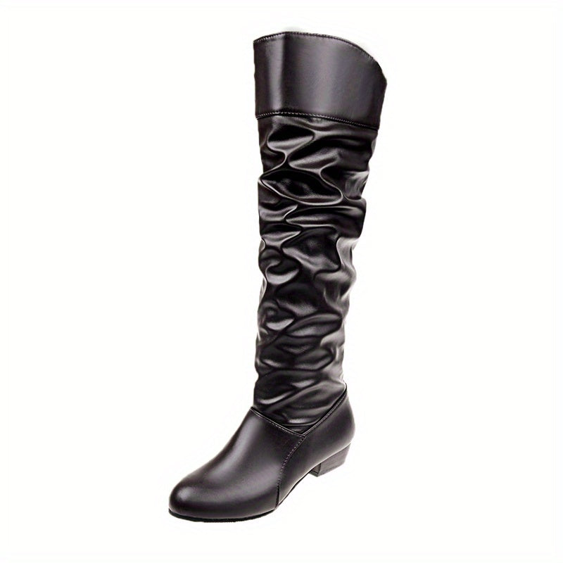 Women's Slouchy Mid Calf Boots Low Heeled Pull On Boots