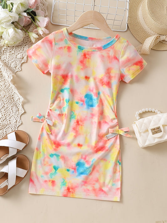 Girls Tie Dye Graphic Bowknot Slim Dress