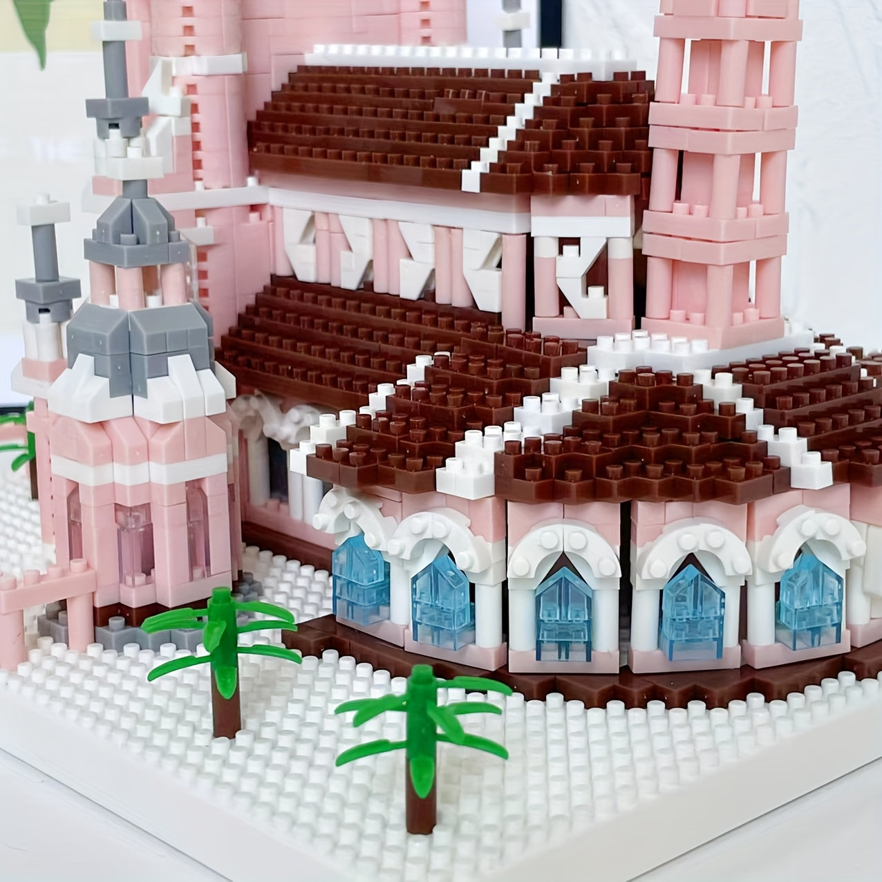Pink Gothic Church Building Brick Model 3D Assembly Toy