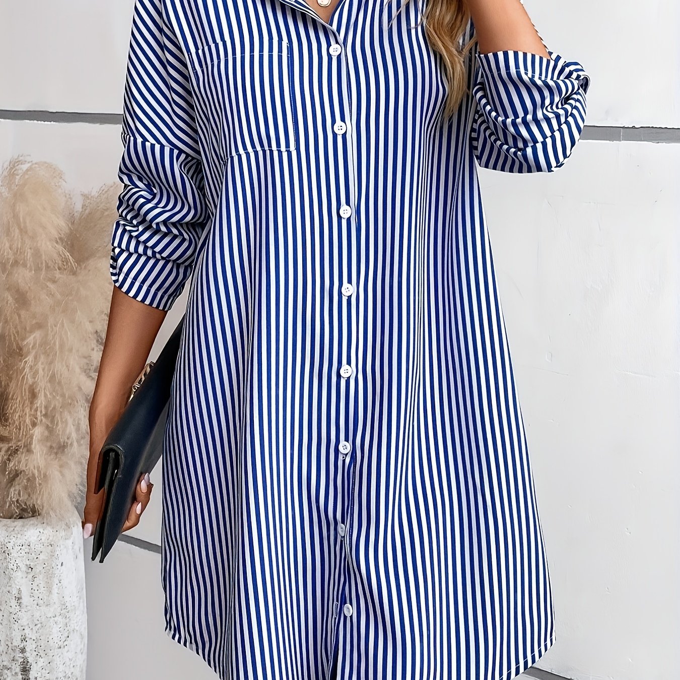  Casual Dress Women's Plus Stripe Print Drop Shoulder Long Sleeve