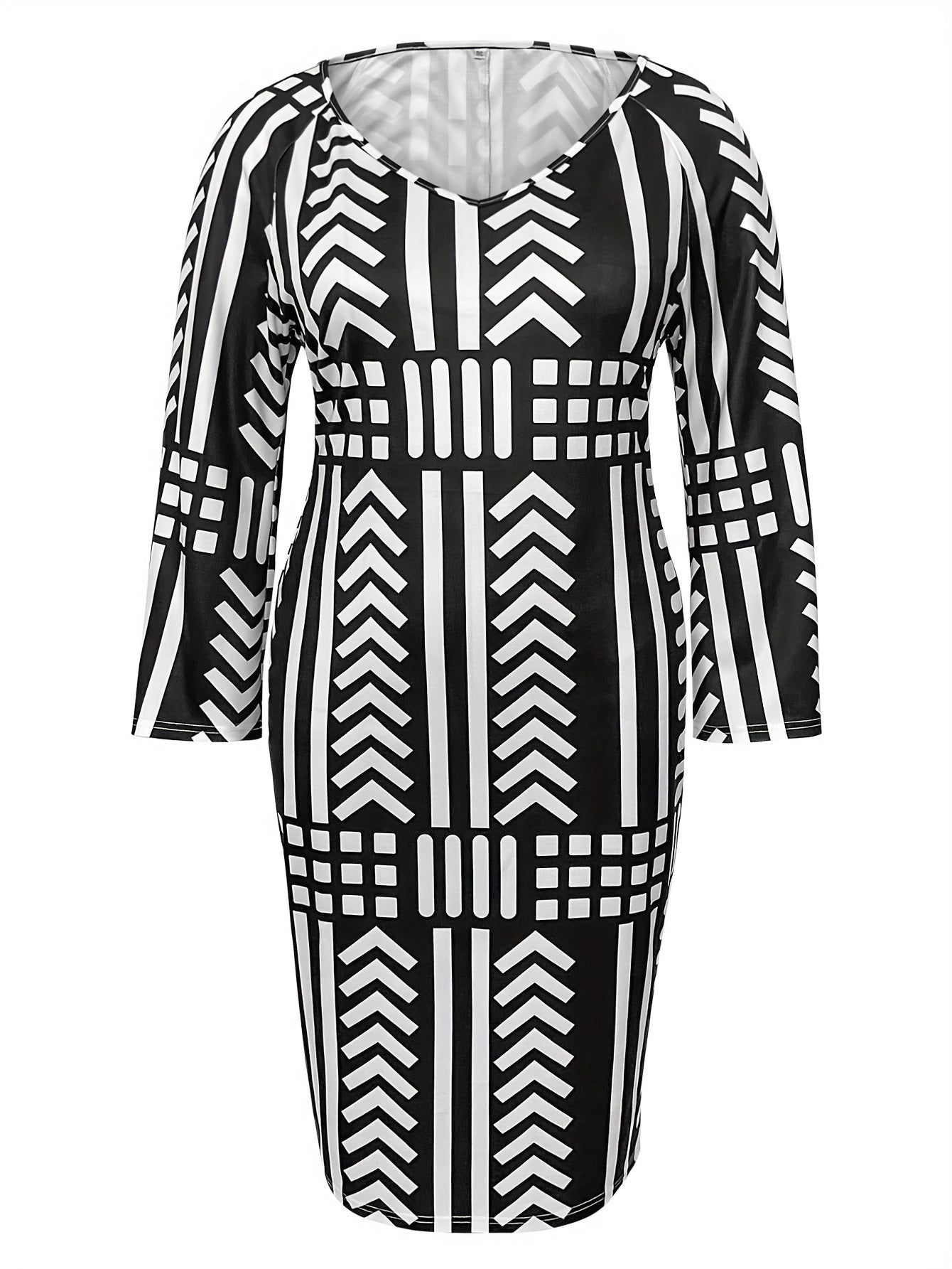  Geo Print Long Sleeve V Neck Bodycon Dress