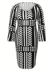  Geo Print Long Sleeve V Neck Bodycon Dress