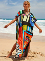  Boho Cover Up Women's Plus Tie Dye Bat Sleeve V Neck Split Loose Beach