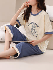Floral Print Colorblock Pajamas Set Short Sleeve Tee Top & Crop Pants Pj Set