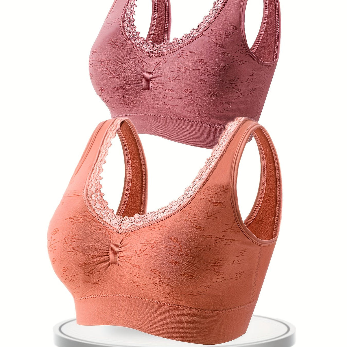 2pcs Wireless Bras Floral Print Full Coverage Lace Trim Women's Lingerie