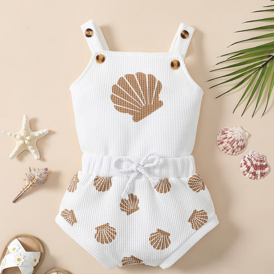 Baby Girls Sleeveless Romper & Shorts Set - Shell Print Bodysuit Onesies
